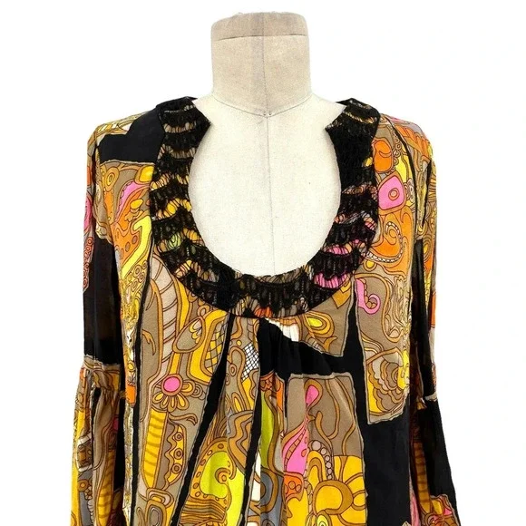 Trina Turk Mod Style Silk Abstract Bell Sleeve 60s Dress Size 2 - Picture 2 of 7